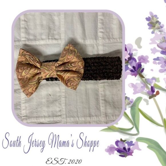 Infant Headband Brown Band Pink Gold Brown Swirls Cotton Bow Size Newborn B294 - Picture 1 of 10